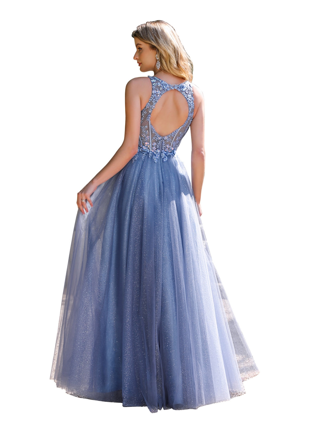 Elegant A-line Crew Neck Tulle Floor Length Dress with Appliques Dusty Blue