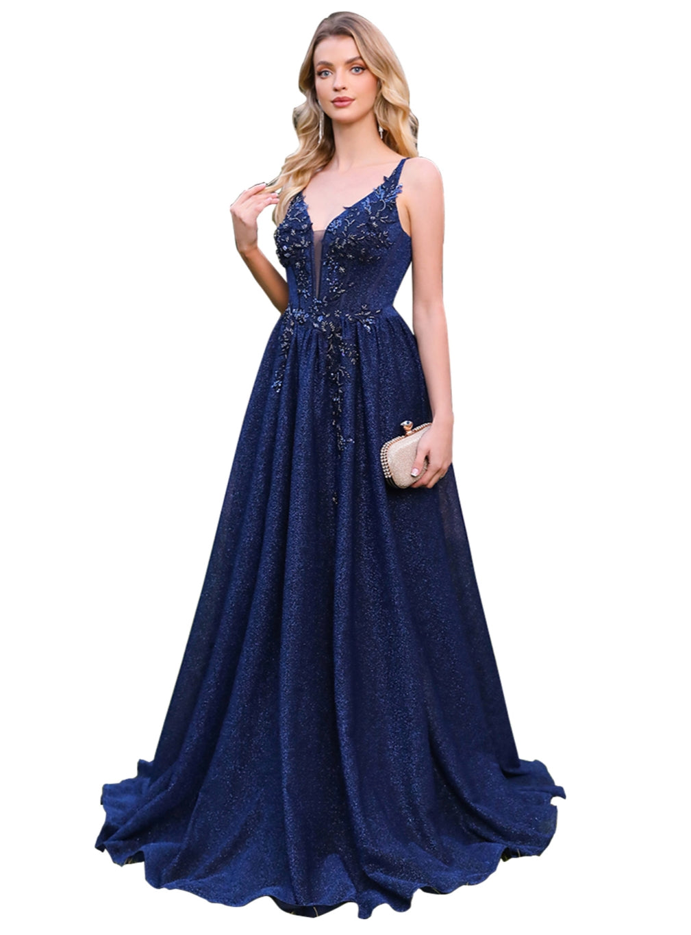 Beautiful A-line V-Neck Glitter Beadings Floor Length Dress with Appliques Navy