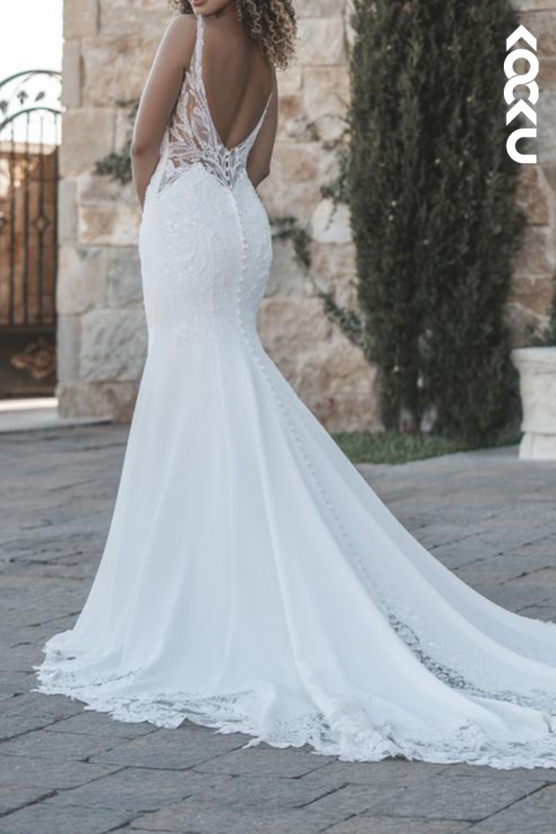 K2171 - Elegant & Luxurious V-Neck Sleeveless Mermaid Appliques Wedding Dress