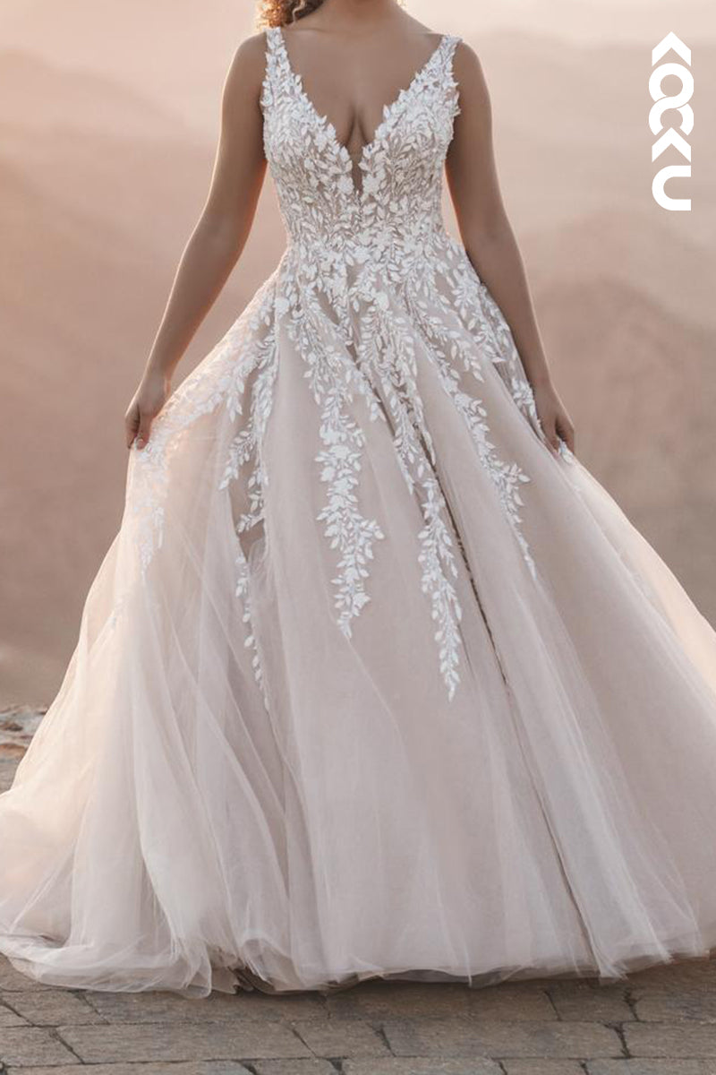 K2172 - Couture & Ornate Straps V-Neck A-Line Appliques Backless Wedding Dress