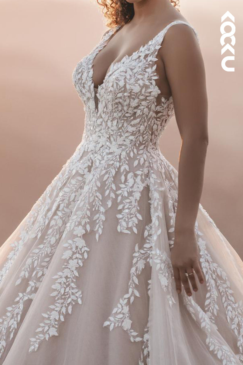 K2172 - Couture & Ornate Straps V-Neck A-Line Appliques Backless Wedding Dress