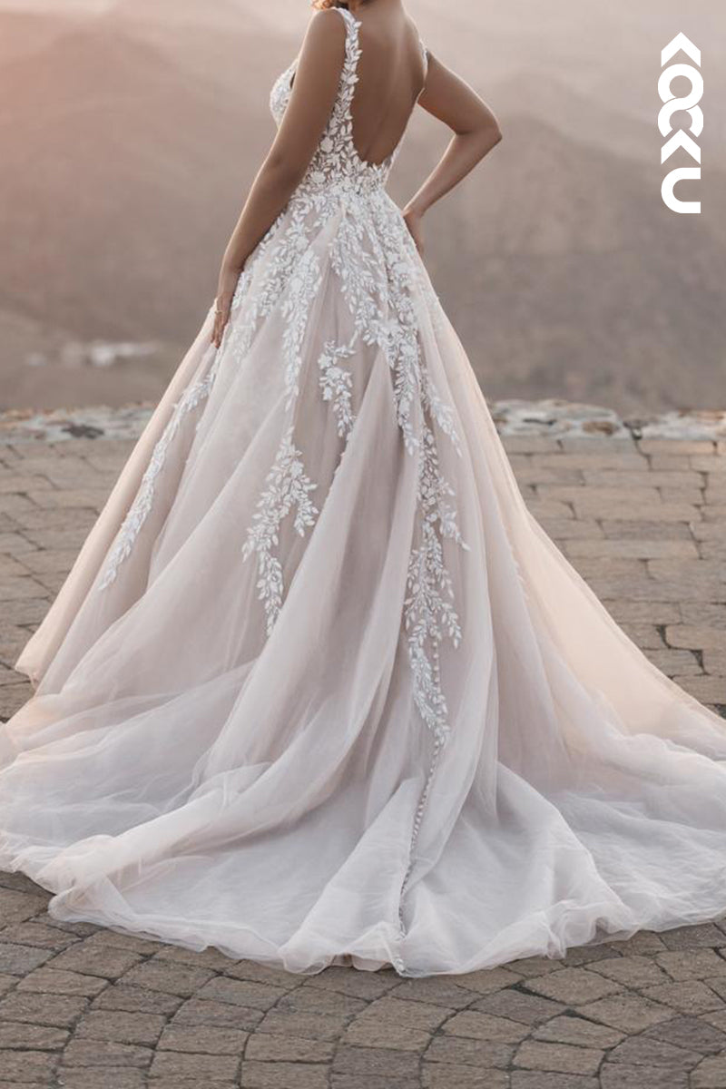 K2172 - Couture & Ornate Straps V-Neck A-Line Appliques Backless Wedding Dress