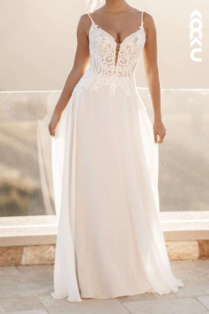 K2175 - Elegant & Simple Spaghetti Straps V-Neck Open Back Appliques Wedding Dress