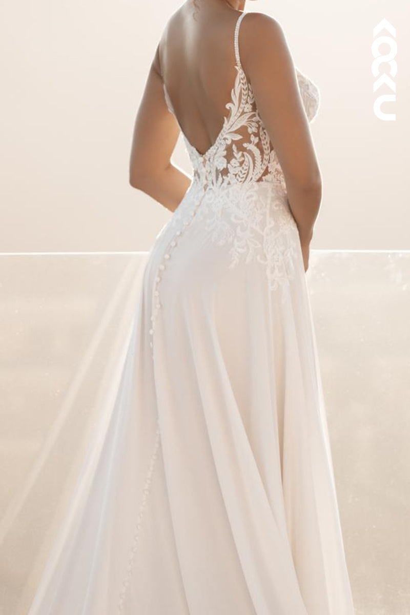 K2175 - Elegant & Simple Spaghetti Straps V-Neck Open Back Appliques Wedding Dress