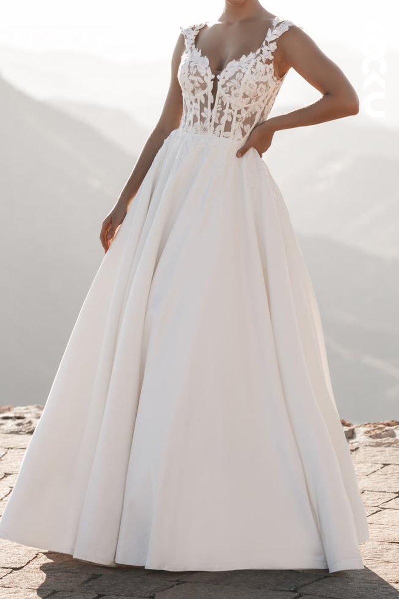 K2177 - A-Line V-Neck Appliques Satin Elegant Wedding Dress