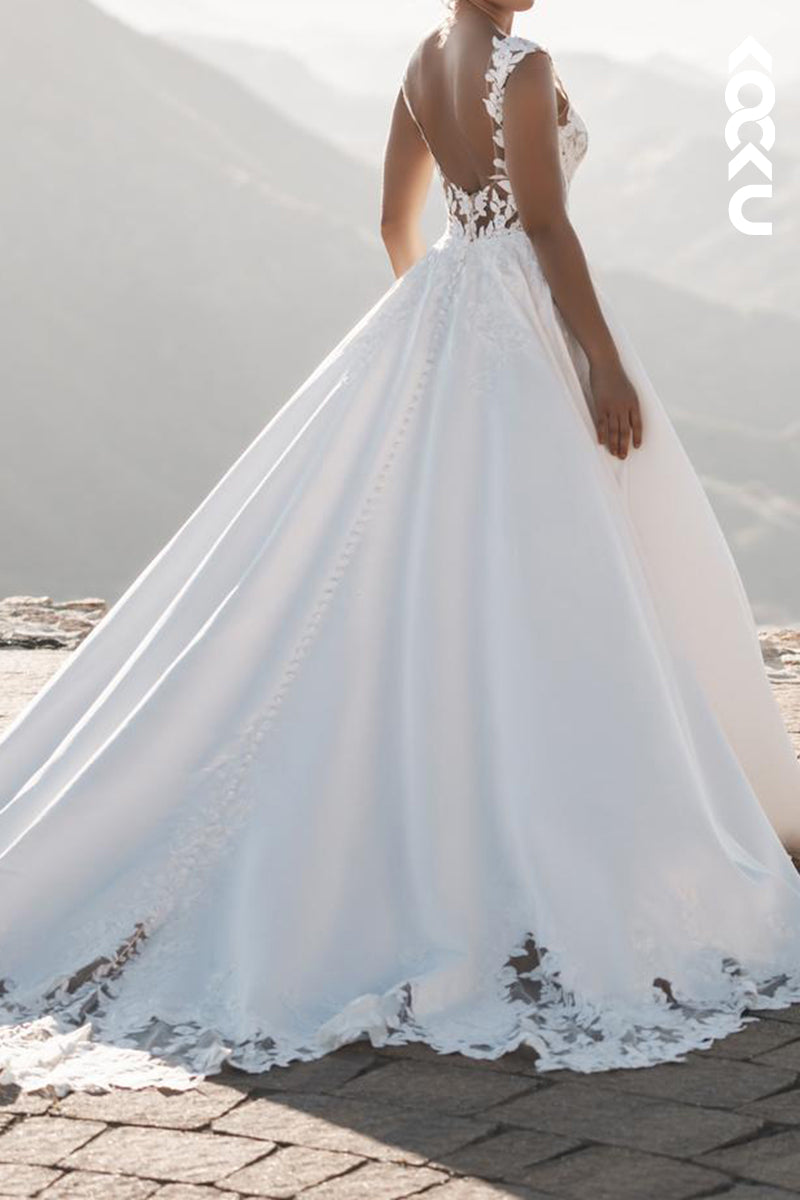 K2177 - A-Line V-Neck Appliques Satin Elegant Wedding Dress