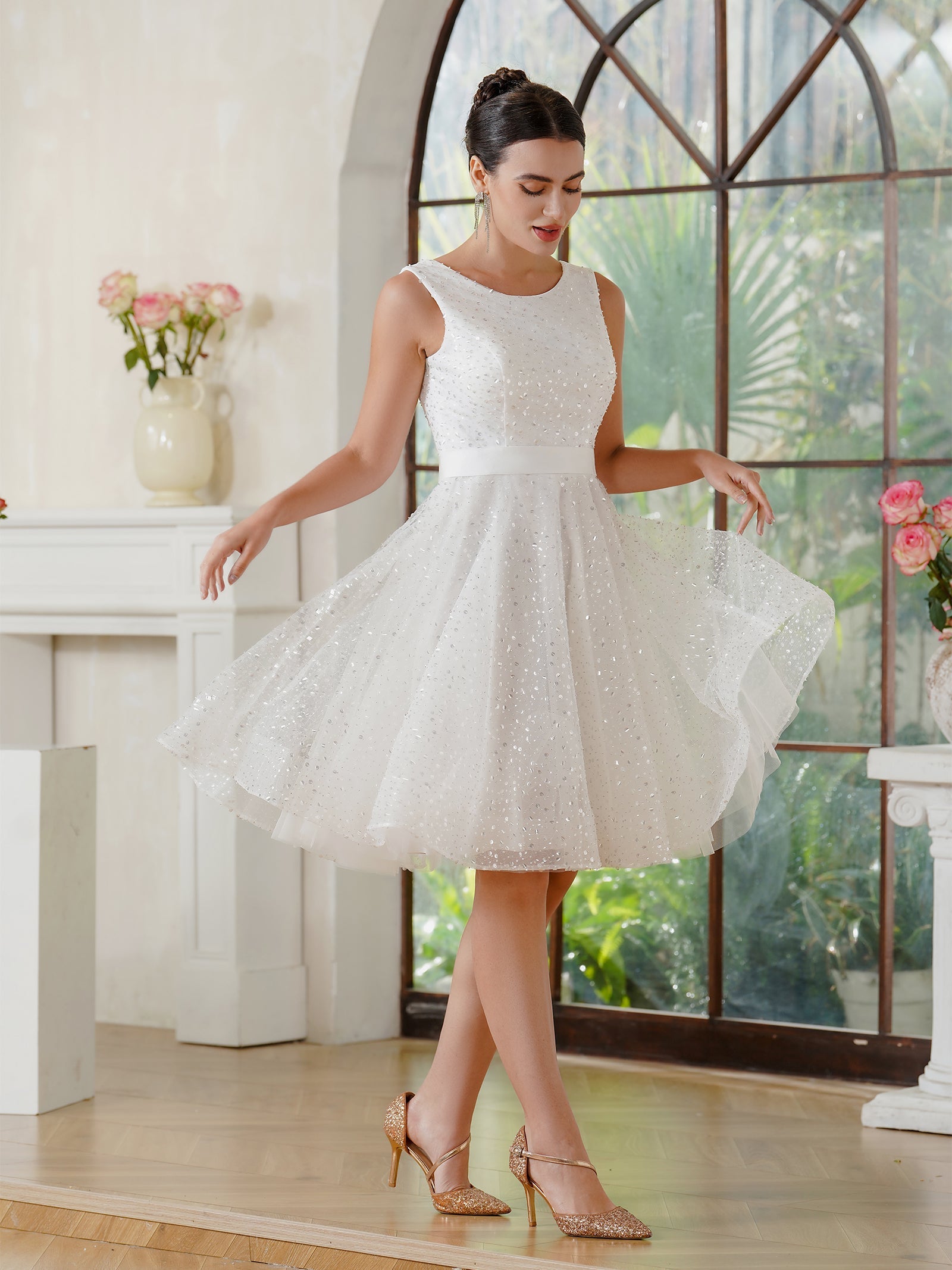 Fabulous A-Line Tulle Polyester Scoop Sleeveless Off White Prom Dress With Sequined