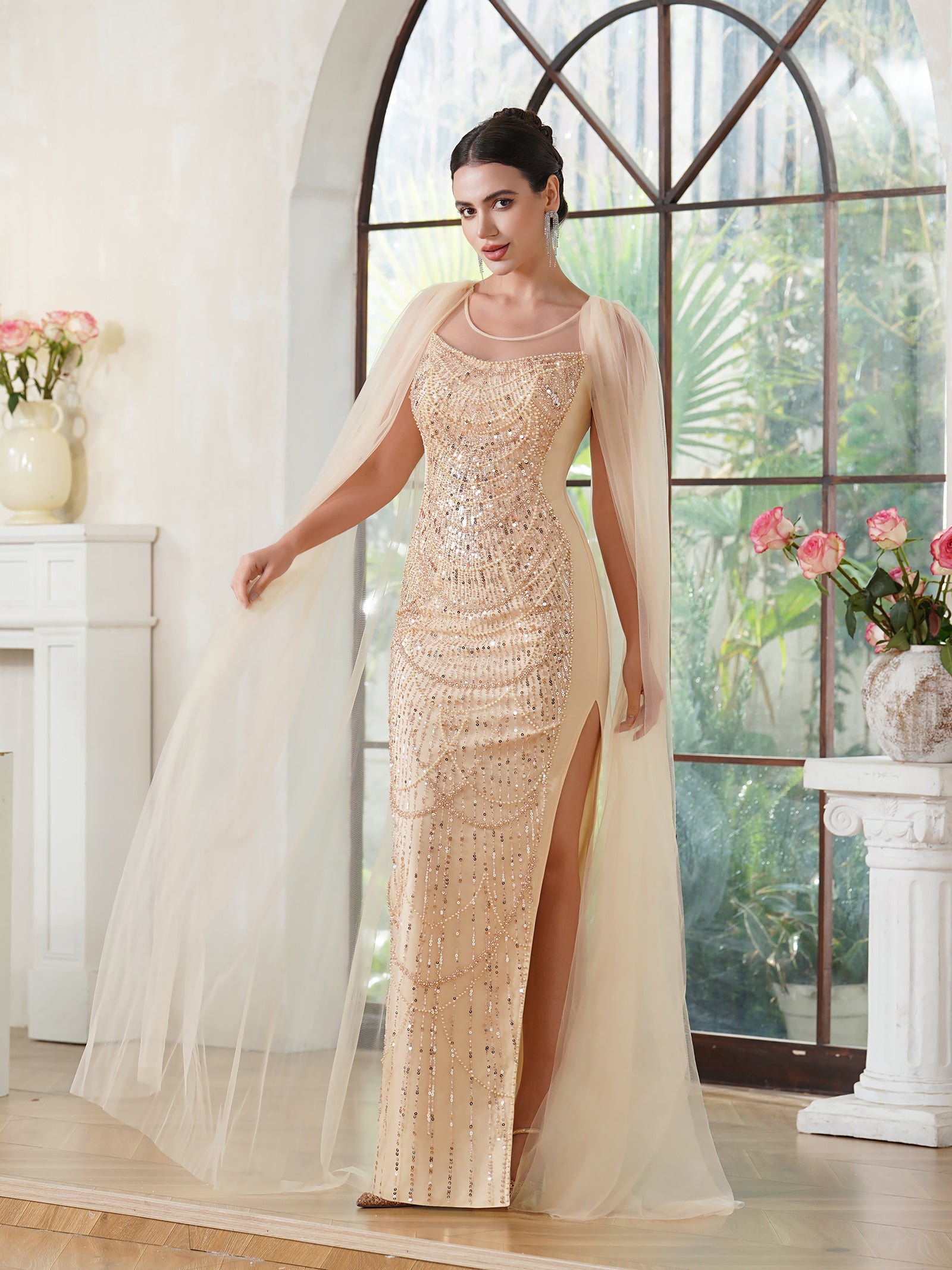 Charming Mermaid Polyester Knitted Scoop Sleeveless Champagne Gold Prom Dresses With Beading Zipper Split Front