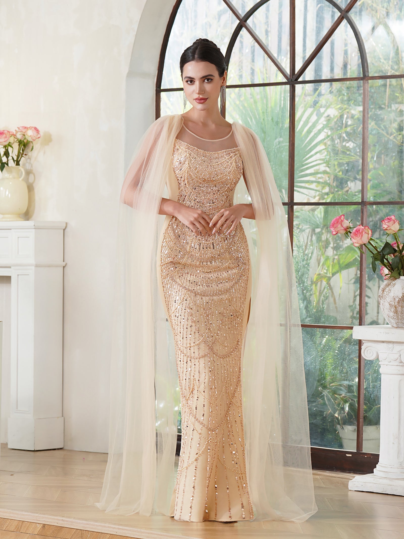 Charming Mermaid Polyester Knitted Scoop Sleeveless Champagne Gold Prom Dresses With Beading Zipper Split Front