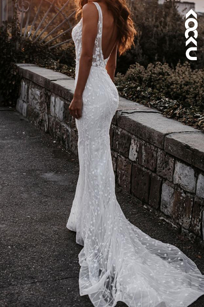 K2165 - Gorgeous & Charming Sheath Backless Appliques Tulle Wedding Dress