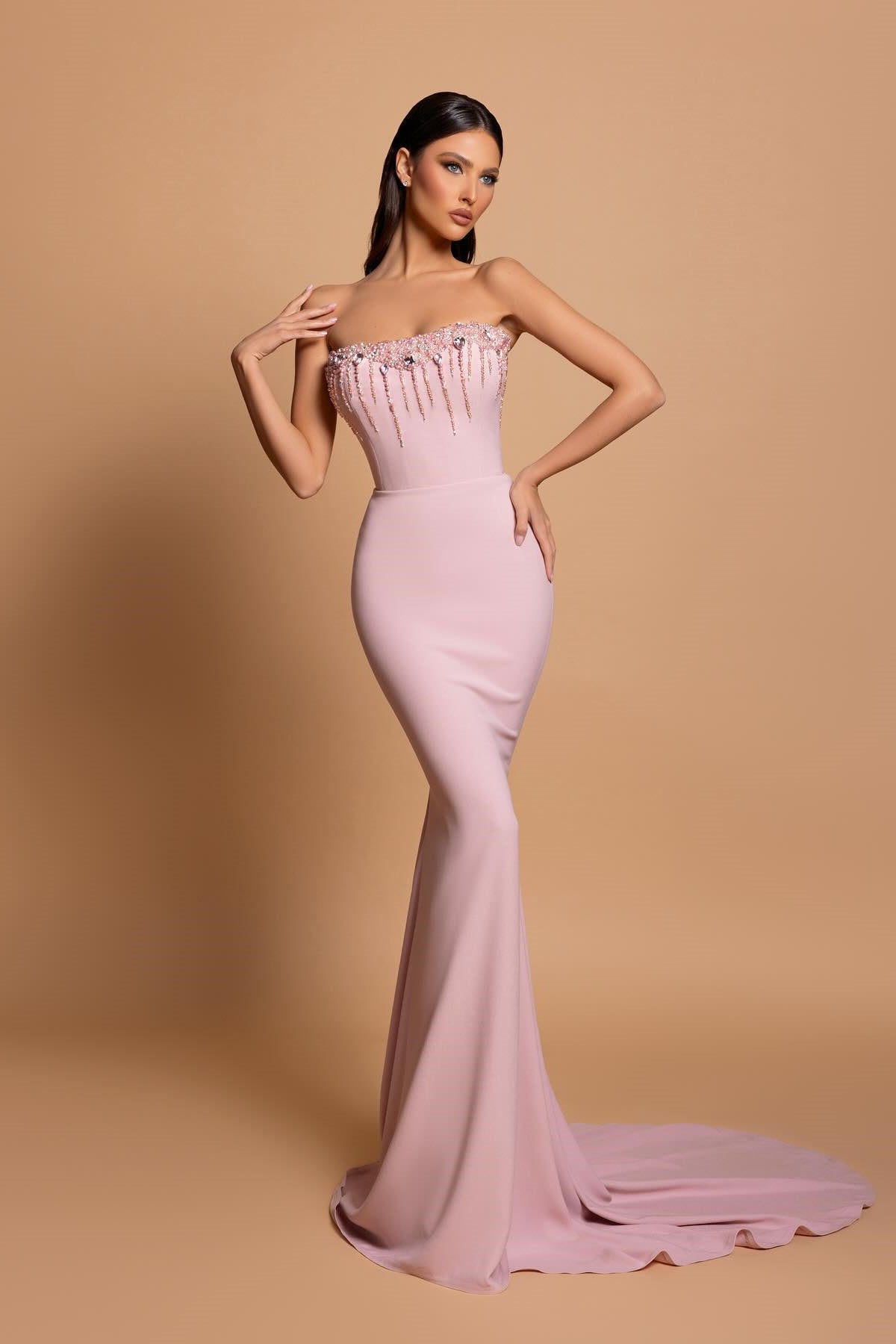 Dazzling Column Strapless Sleeveless Rhinestone Satin Open-Back Pink Prom Gowns with Train