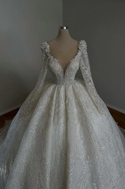 Amazing Long Princess A-line V-neck Lace Beaded Wedding Dress with Long Sleeves