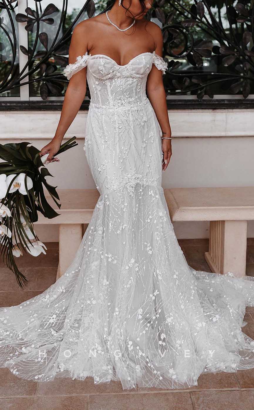 H1717 - Off-Shoulder Trumpet Lace Applique With Train Beach Wedding Dress