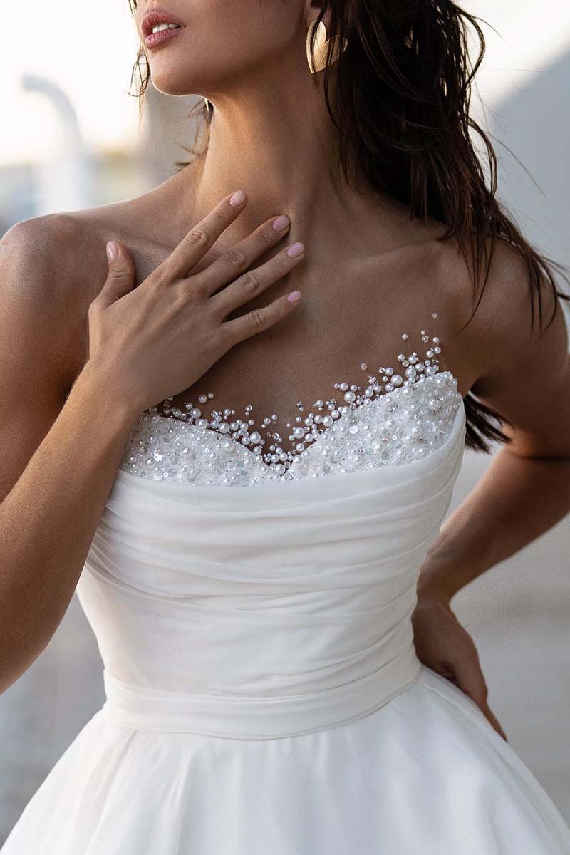 K1306 - Sweetheart Sleeveless Beaded Ruched Tulle A-Line Long Wedding Gown