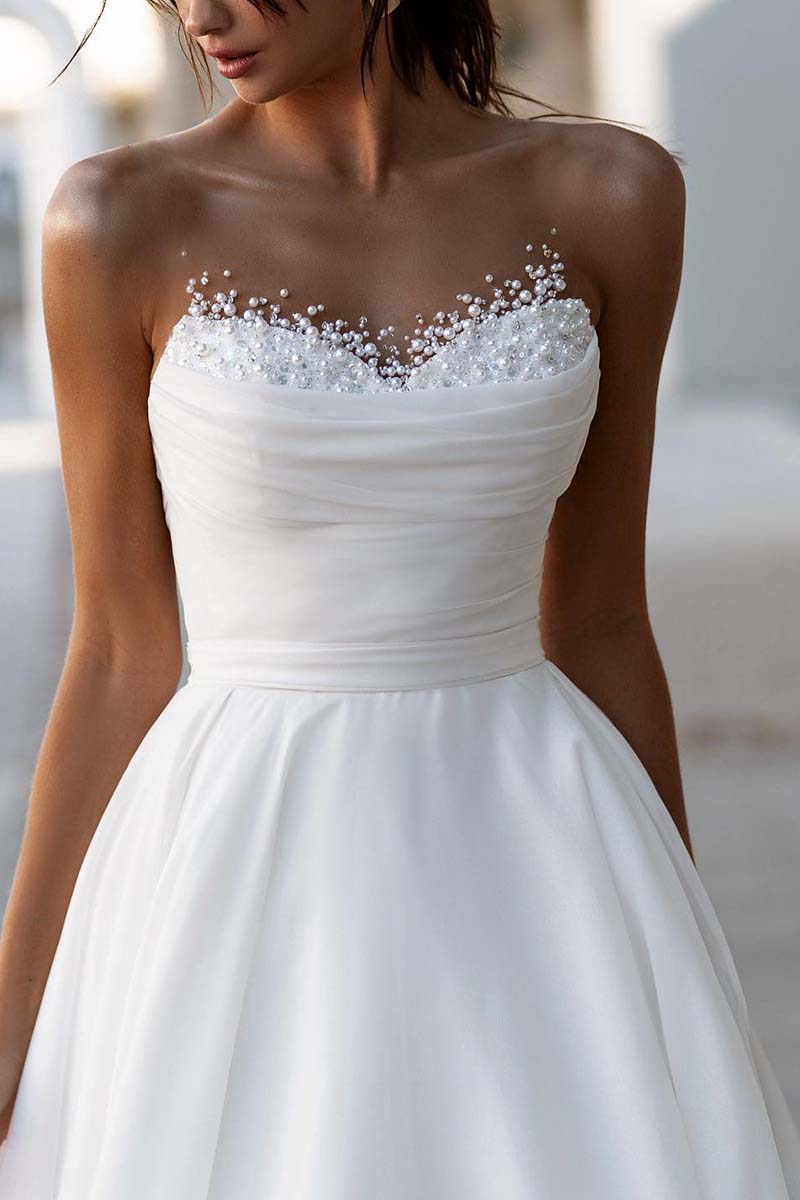 K1306 - Sweetheart Sleeveless Beaded Ruched Tulle A-Line Long Wedding Gown