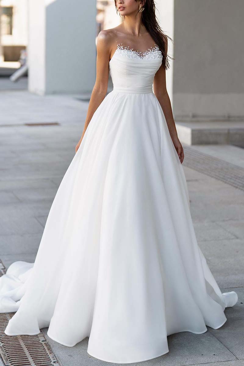 K1306 - Sweetheart Sleeveless Beaded Ruched Tulle A-Line Long Wedding Gown