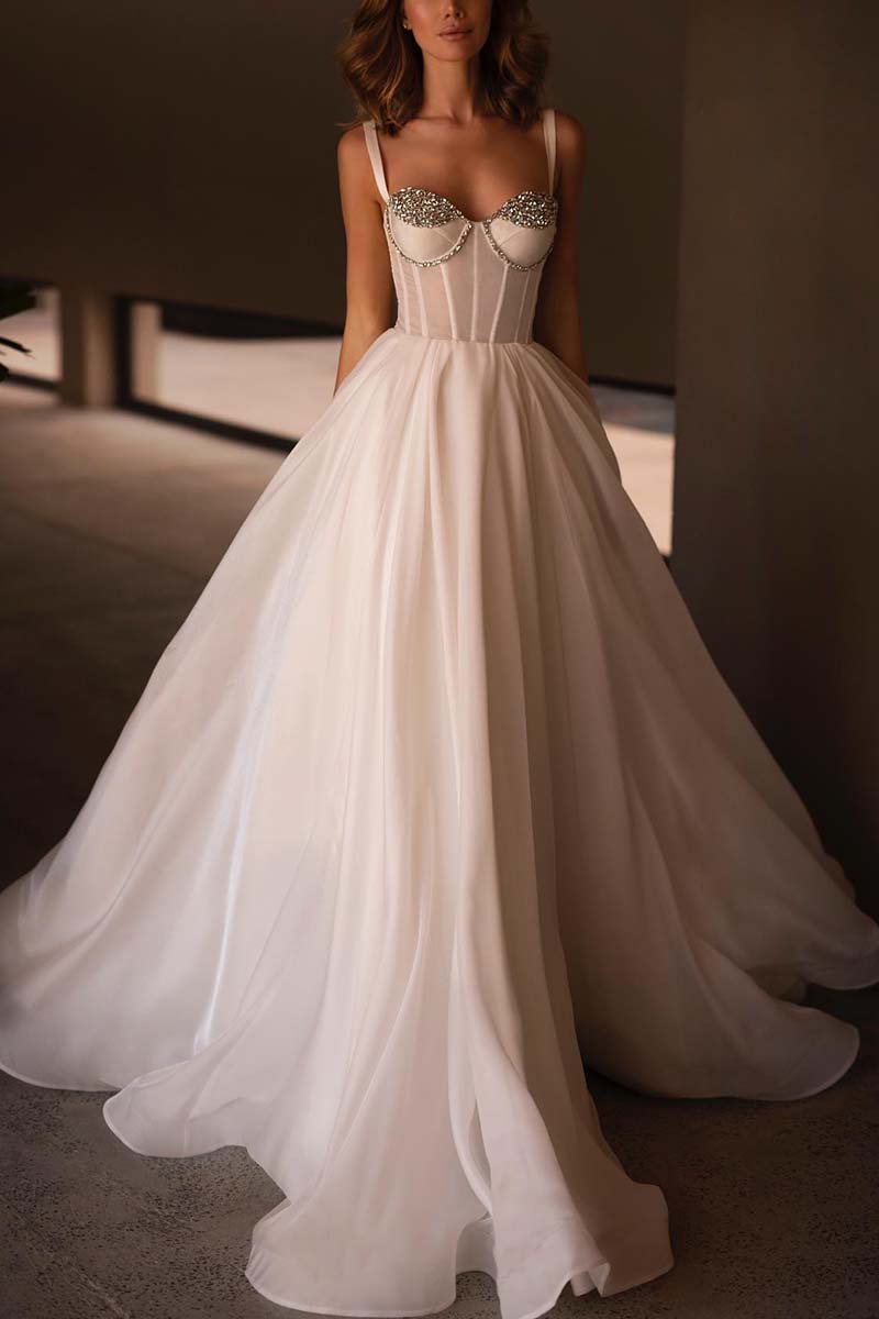 K1307 - Sweetheart Sleeveless Beaded Satin A-Line Long Wedding Gown