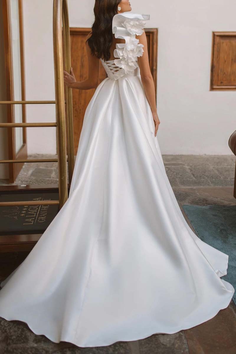 K1308 - One Shoulder Ruffles Ruched Satin A-Line Long Wedding Gown With Slit