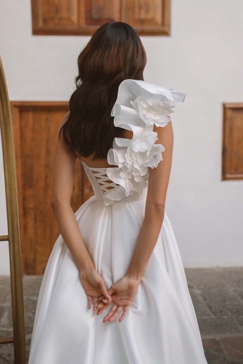 K1308 - One Shoulder Ruffles Ruched Satin A-Line Long Wedding Gown With Slit