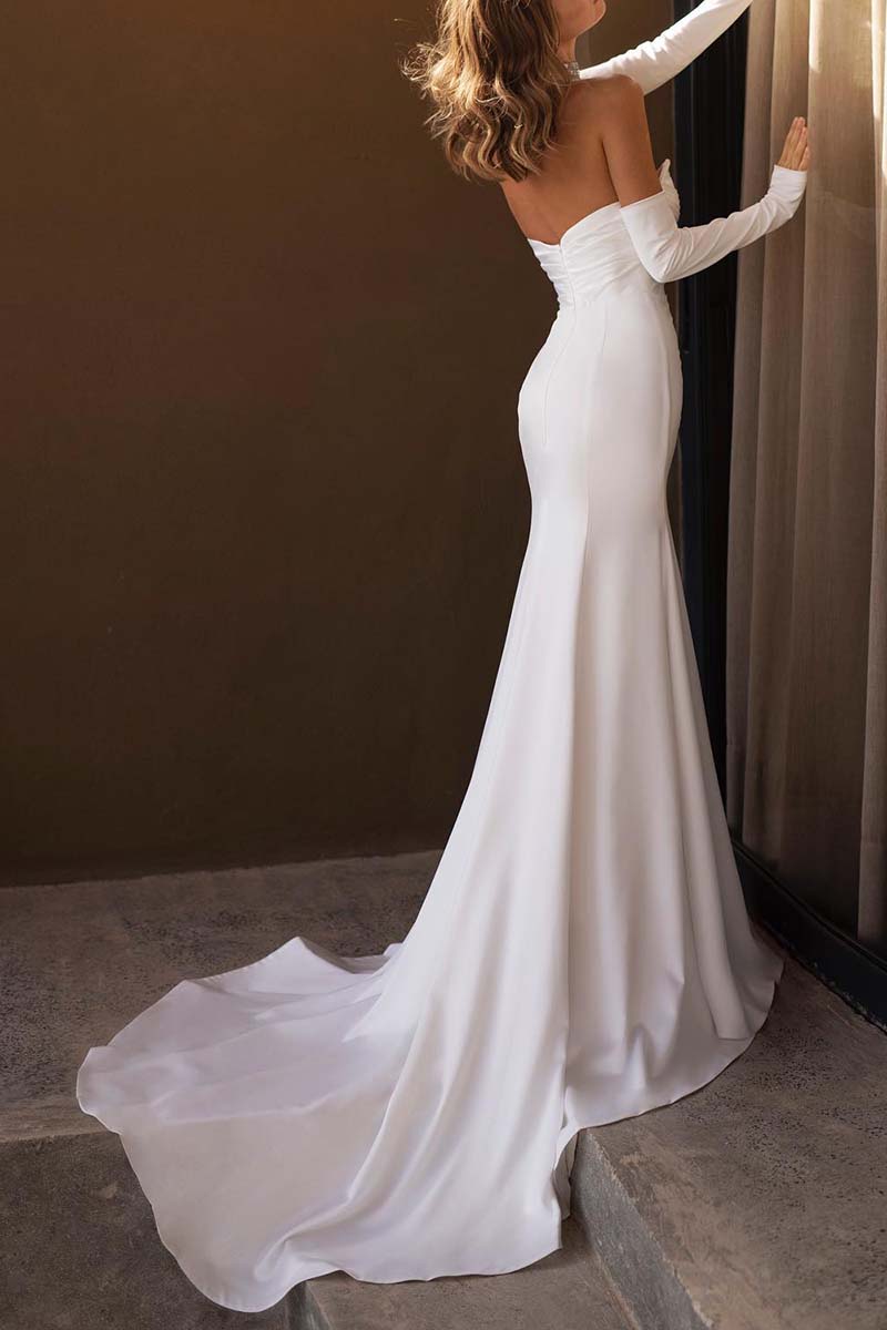 K1309 - Strapless Sleeveless Ruched Satin Sheath Long Wedding Gown With Slit