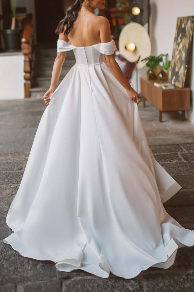 K1310 - Sweetheart Off-Shoulder Ruched Satin Sheath Long Wedding Gown