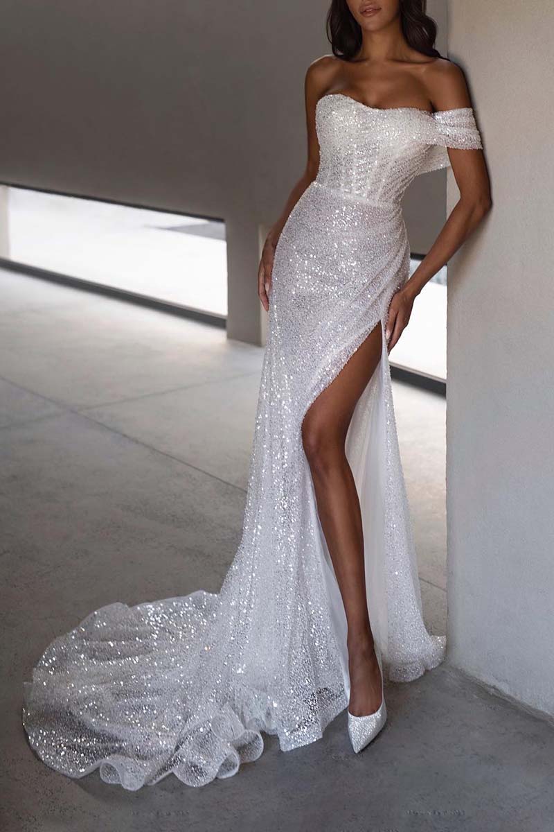 K1311 - One Shoulder Strapless Ruched Sequined Sheath Long Wedding Gown