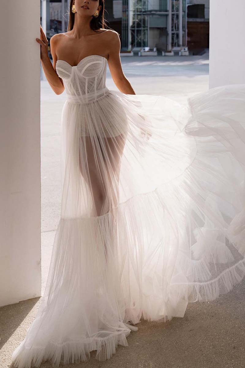 K1312 - Sweetheart Strapless Sheer Ruched Tulle A-Line Long Wedding Gown