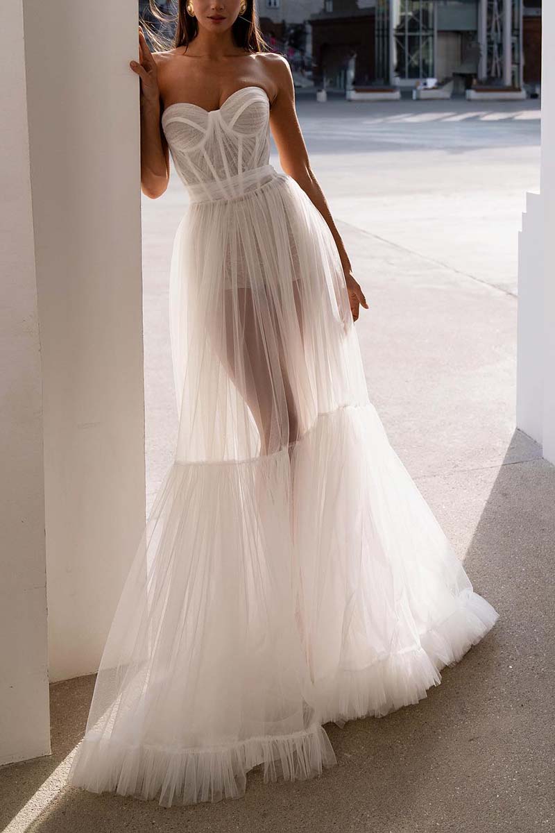 K1312 - Sweetheart Strapless Sheer Ruched Tulle A-Line Long Wedding Gown