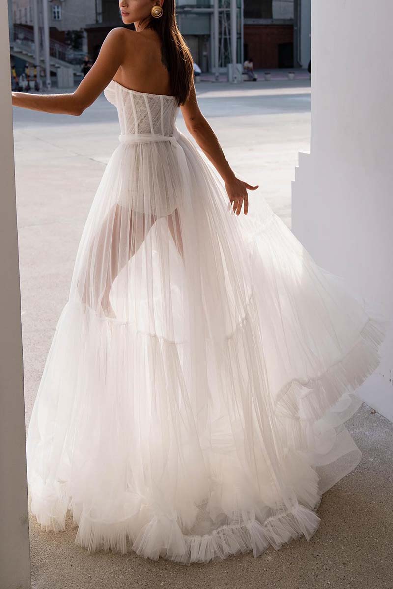 K1312 - Sweetheart Strapless Sheer Ruched Tulle A-Line Long Wedding Gown