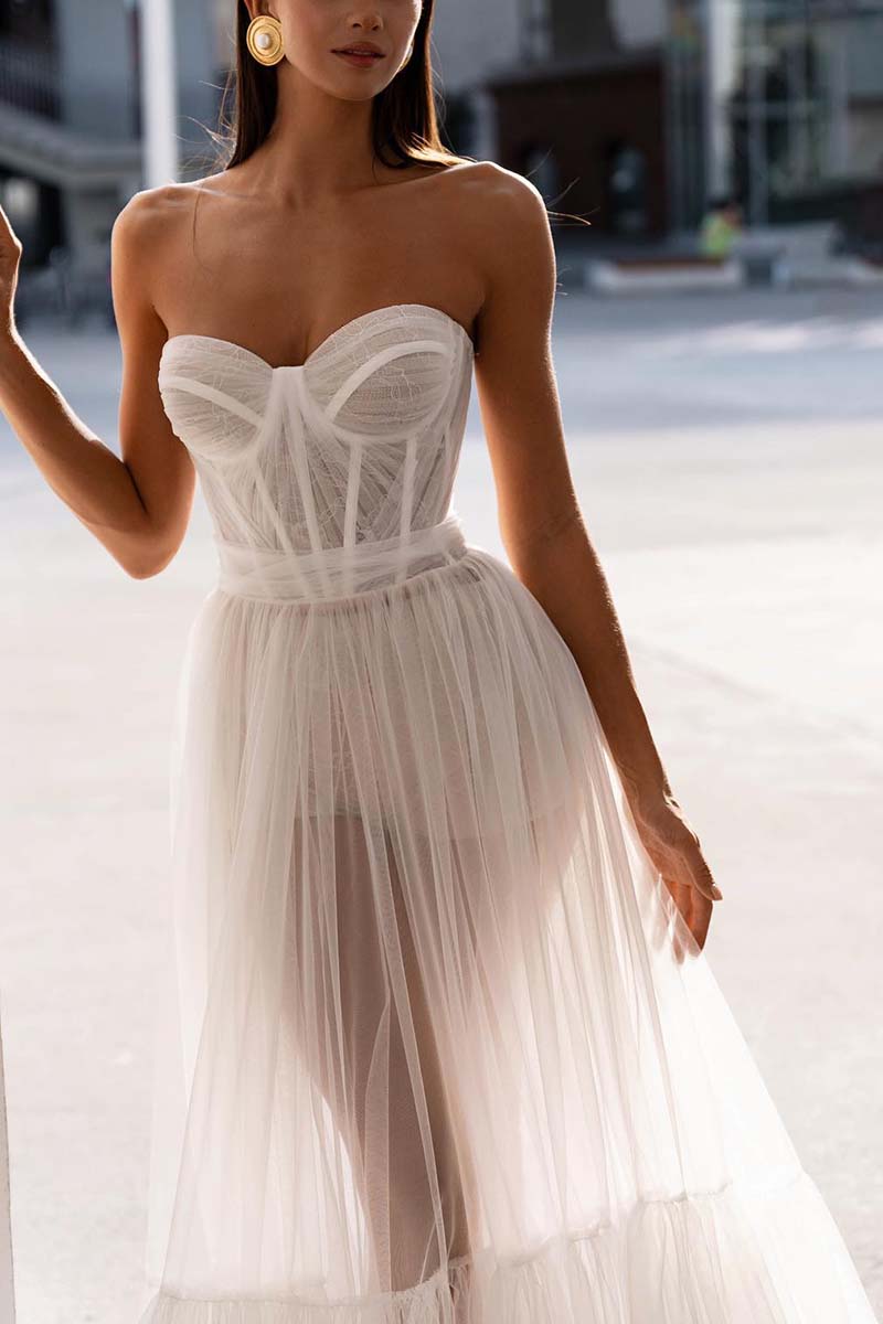 K1312 - Sweetheart Strapless Sheer Ruched Tulle A-Line Long Wedding Gown