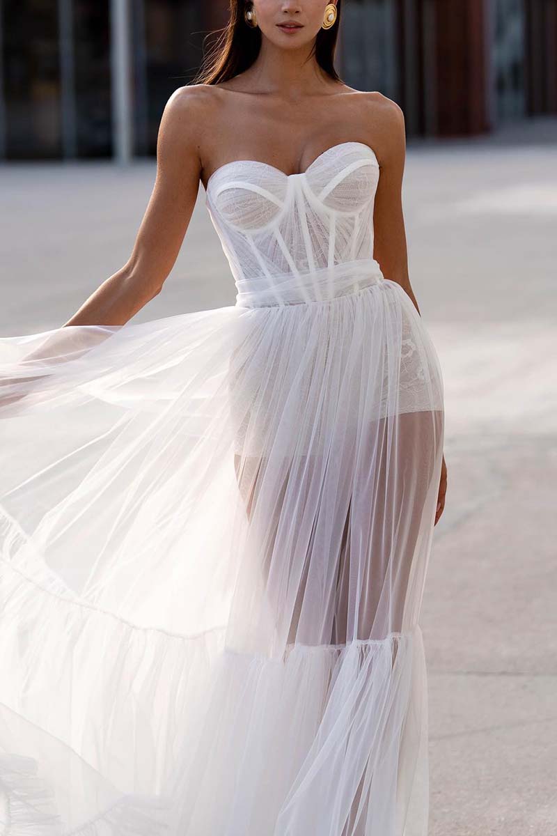 K1312 - Sweetheart Strapless Sheer Ruched Tulle A-Line Long Wedding Gown