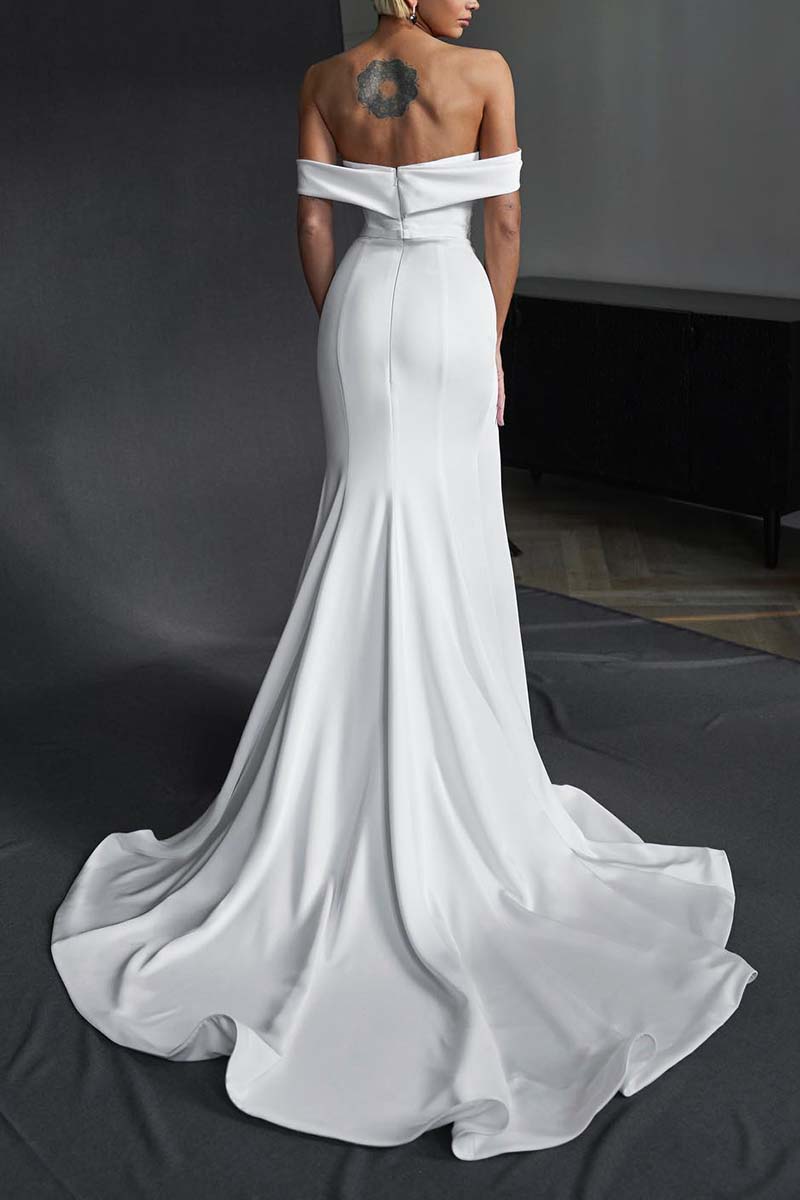 K1313 - Off-Shoulder Strapless Ruched Satin Sheath Long Wedding Gown With Slit