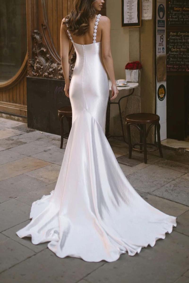 K1314 - Scoop Beaded Satin Mermaid Long Wedding Gown With Sweep Train