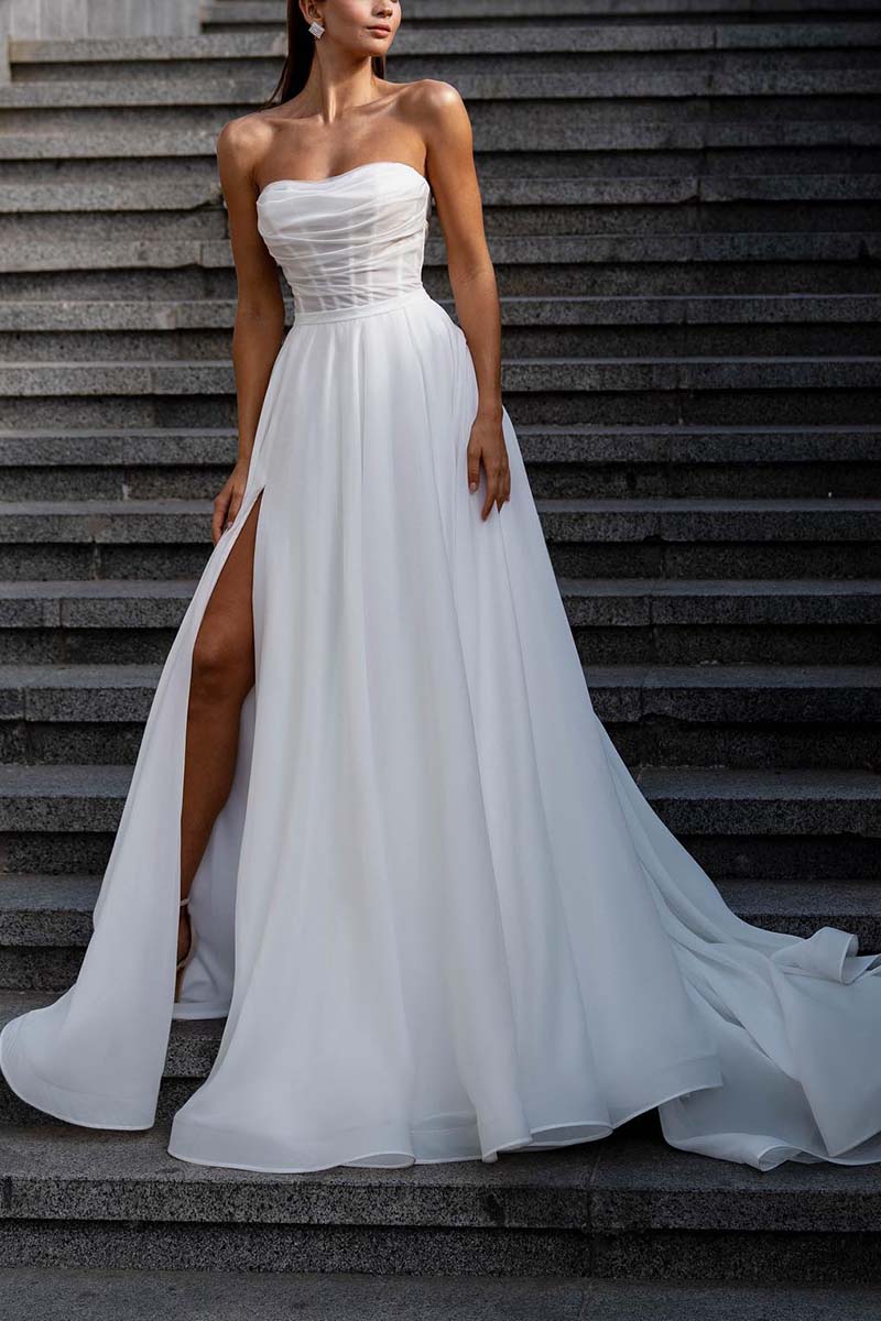 K1316 - Sweetheart Strapless Sleeveless Ruched Tulle A-Line Long Wedding Gown