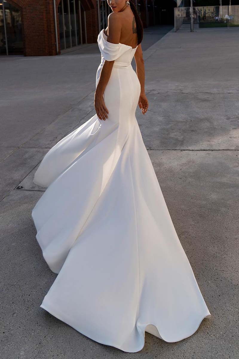 K1319 - One Shoulder Ruched Sequined Satin Sheath Long Wedding Gown