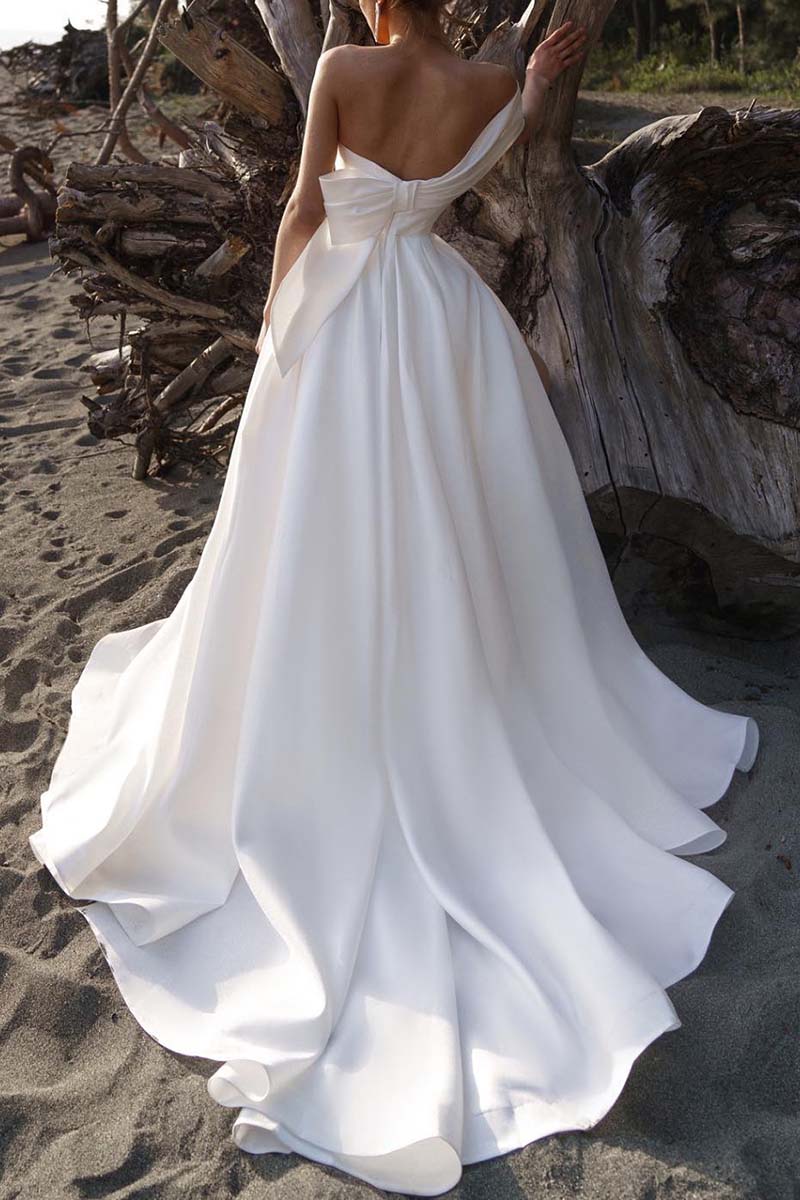 K1320 - One Shoulder Strapless Ruched Satin A-Line Long Wedding Gown