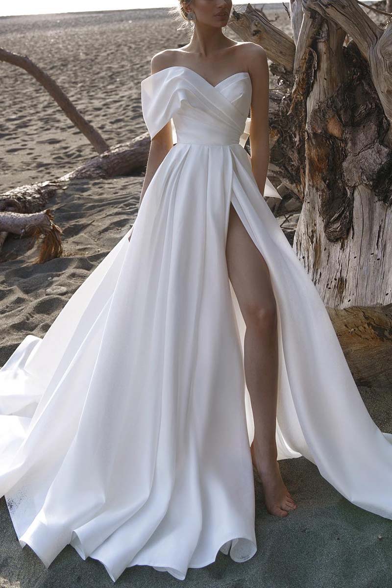 K1320 - One Shoulder Strapless Ruched Satin A-Line Long Wedding Gown