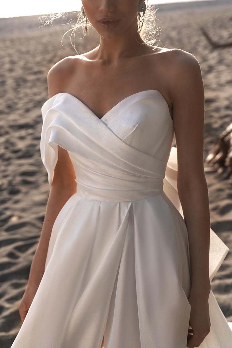 K1320 - One Shoulder Strapless Ruched Satin A-Line Long Wedding Gown