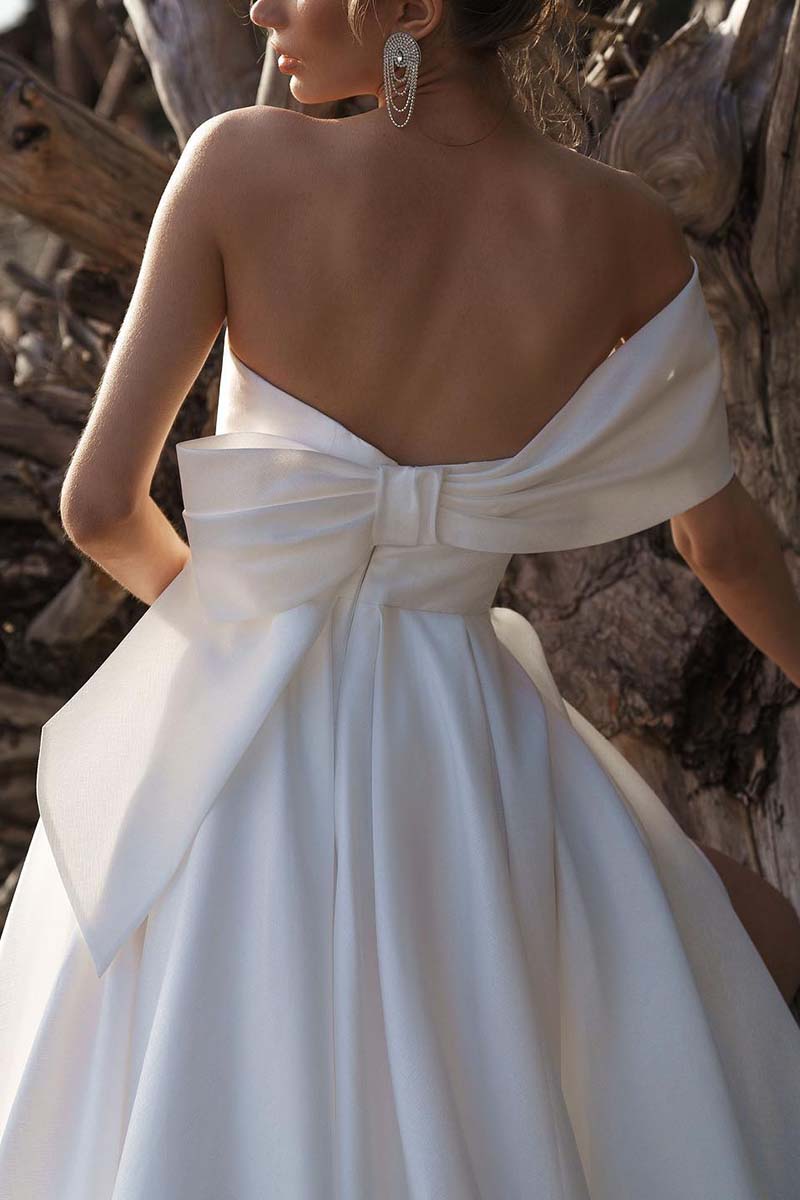 K1320 - One Shoulder Strapless Ruched Satin A-Line Long Wedding Gown