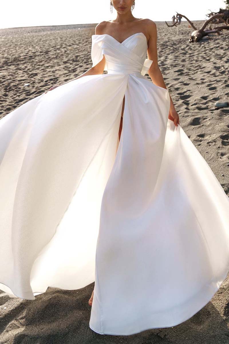 K1320 - One Shoulder Strapless Ruched Satin A-Line Long Wedding Gown