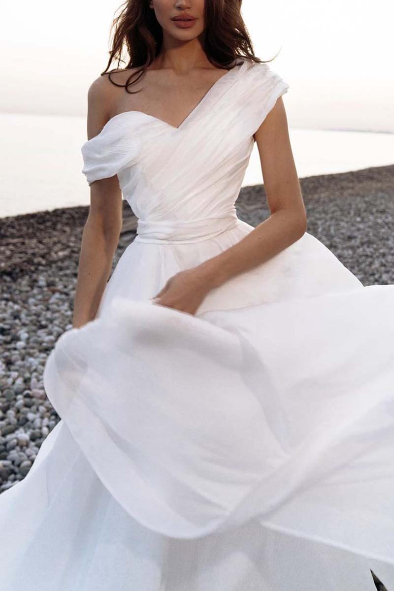 K1321 - One Shoulder Sleeveless Ruched Tulle A-Line Long Wedding Gown