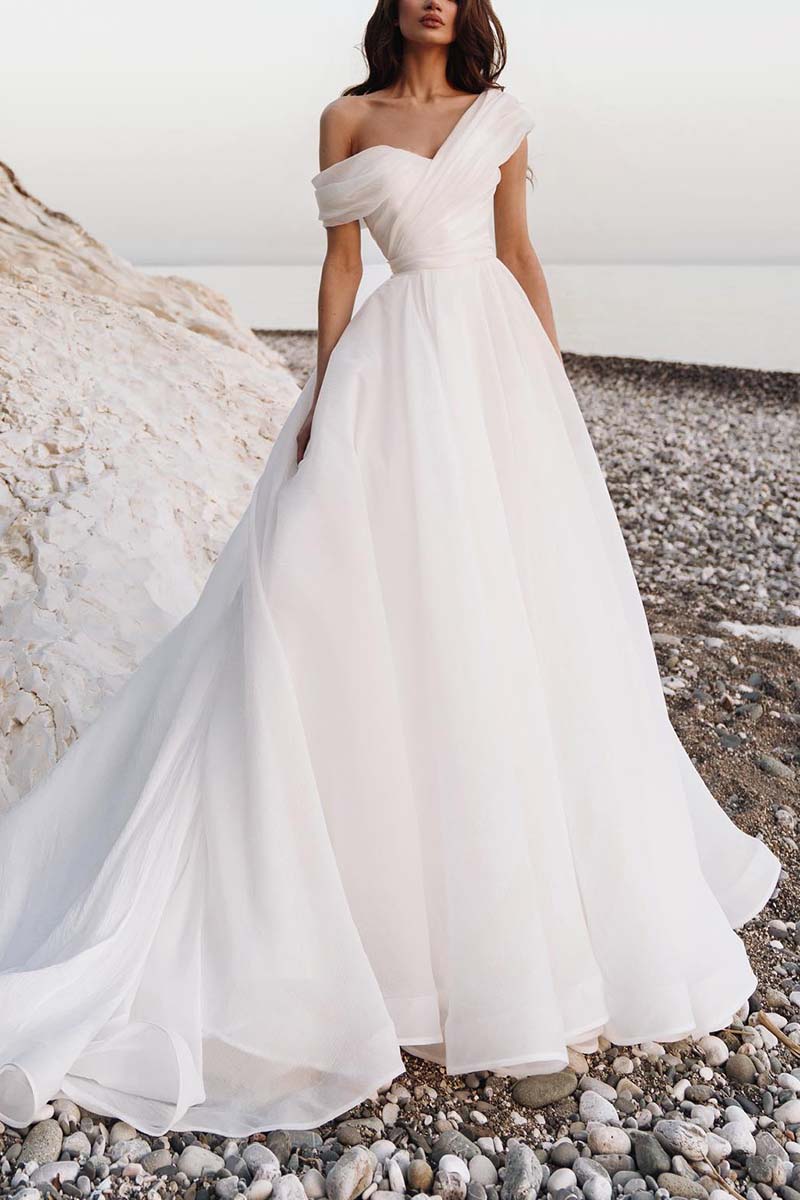 K1321 - One Shoulder Sleeveless Ruched Tulle A-Line Long Wedding Gown