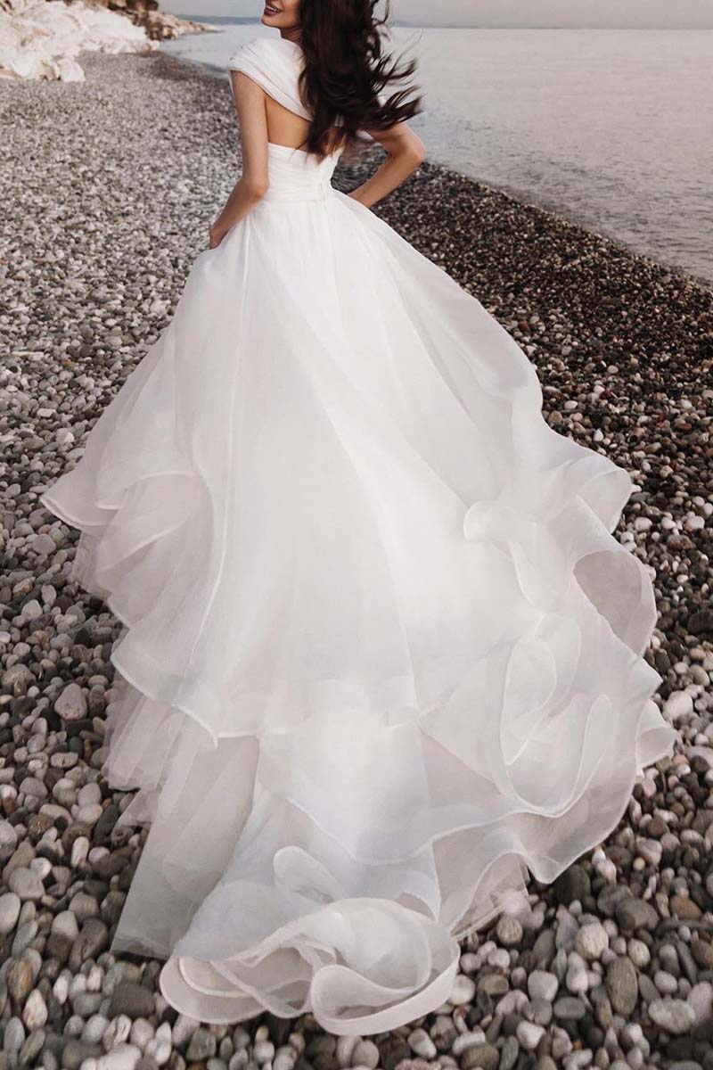 K1321 - One Shoulder Sleeveless Ruched Tulle A-Line Long Wedding Gown