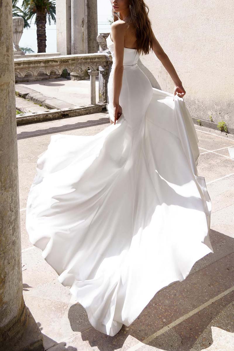 K1322 - Sweetheart Strapless Beaded Ruched Satin Sheath Long Wedding Gown