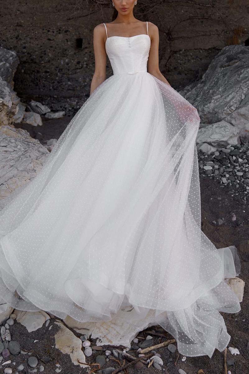 K1323 - Spaghetti Straps Sleeveless Polka Dot Tulle A-Line Long Wedding Gown