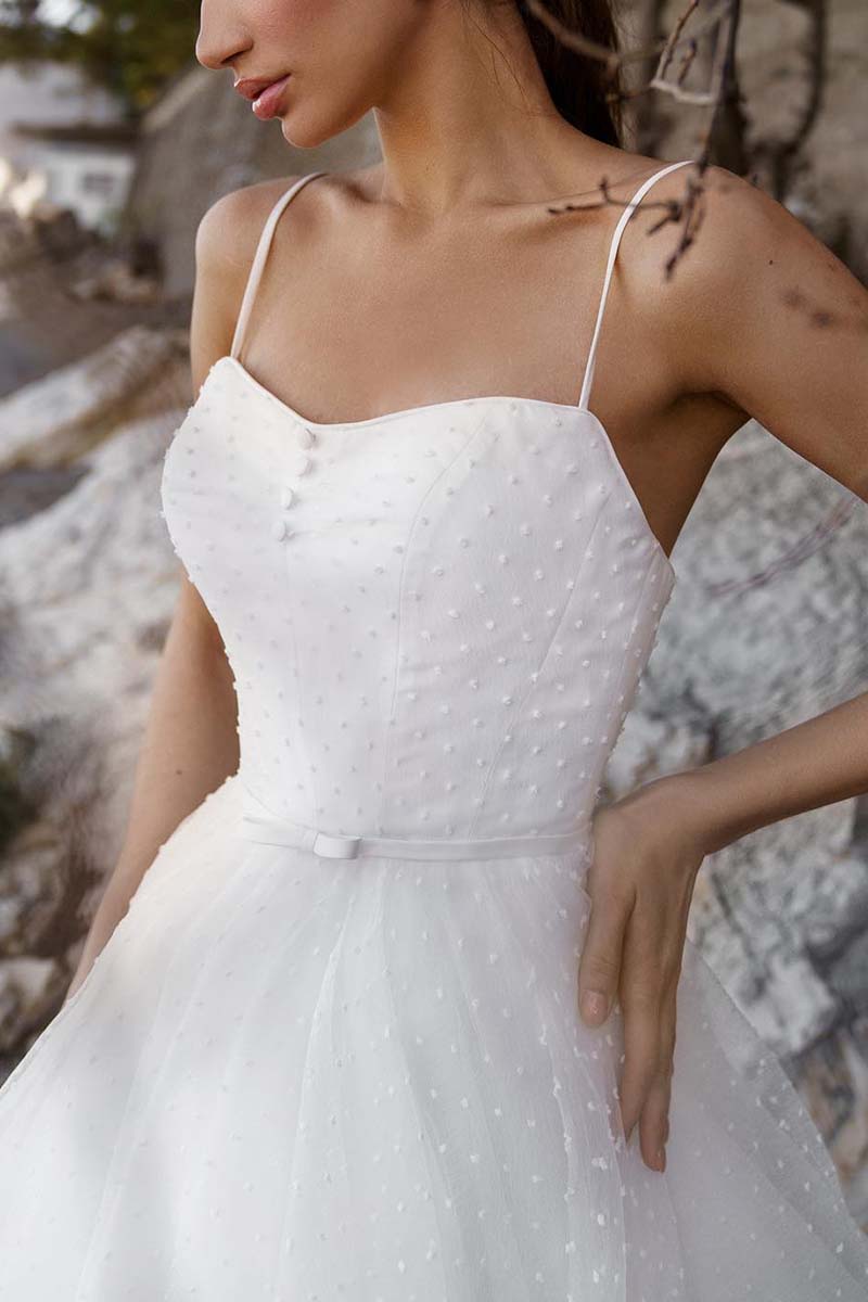 K1323 - Spaghetti Straps Sleeveless Polka Dot Tulle A-Line Long Wedding Gown