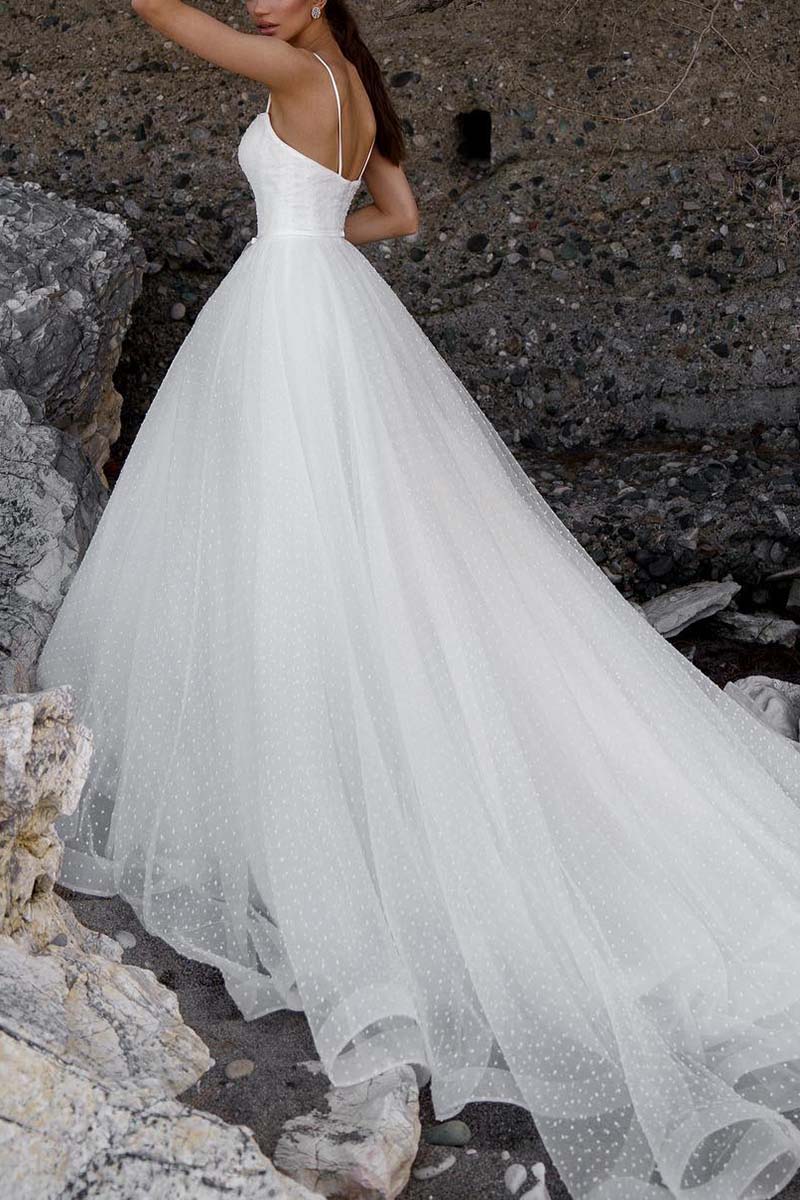 K1323 - Spaghetti Straps Sleeveless Polka Dot Tulle A-Line Long Wedding Gown