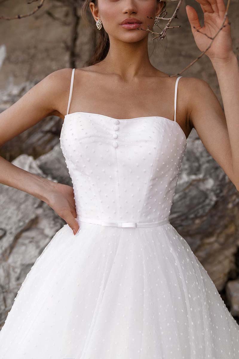 K1323 - Spaghetti Straps Sleeveless Polka Dot Tulle A-Line Long Wedding Gown