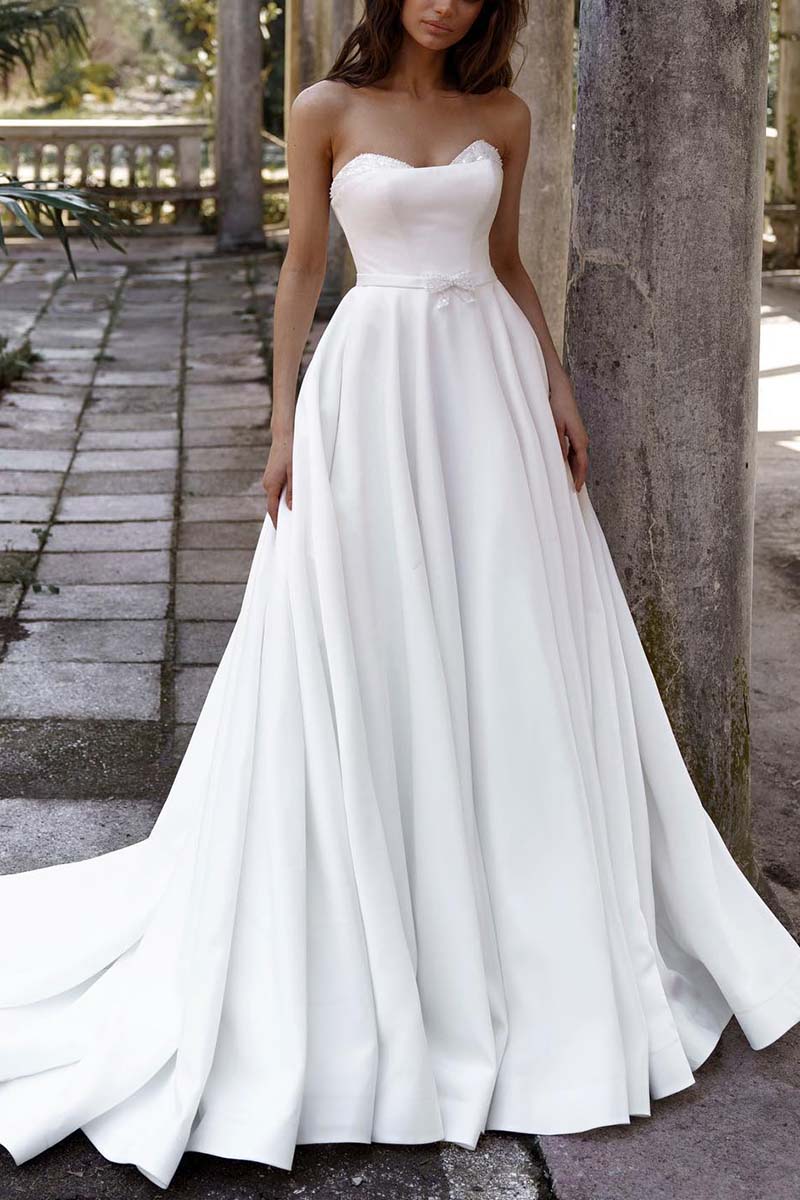 K1324 - Sweetheart Strapless Beaded Satin A-Line Long Wedding Gown