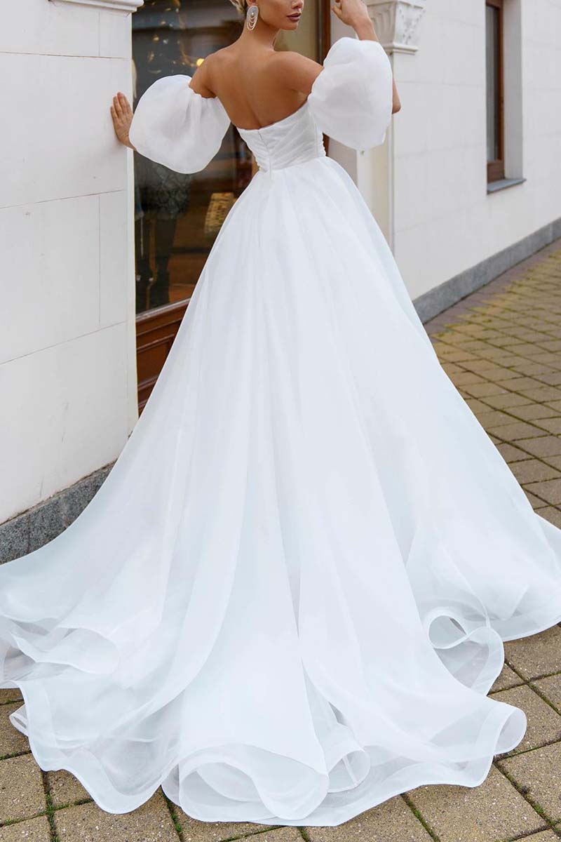 K1325 - Sweetheart Strapless Ruched Tulle Satin A-Line Long Wedding Gown